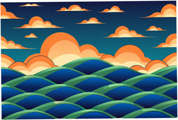Fototapeta premium Stylized Rolling Hills Under Orange Clouds landscape