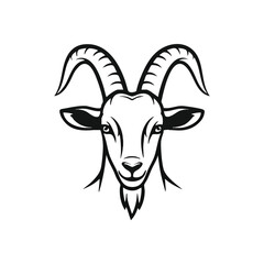 Powerful Horned Goat Head Emblem. A striking white caprine drawing on a solid dark backdrop. This graphic depicts a strong mammal, representing leadership and resilience.