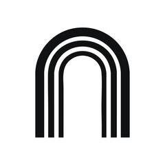 Minimalist Dark Arch Geometry. An elegant abstract graphic showcasing subtle grey curved lines on a solid black background. This modern archway design suggests depth, path, or entry.