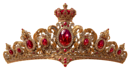 Gold crown with red gems on a clear background