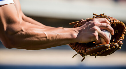 Close up of baseball player catching ball in leather glove during game focused action shot outdoors
