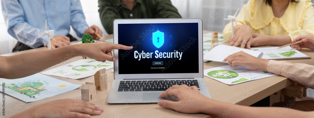Poster cyber security system on computer screen protect private information brisk from hacker and cyber att