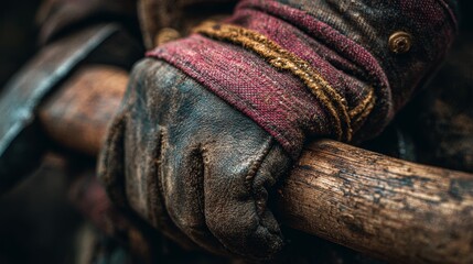 Lumberjack's worn leather gloves gripping wooden axe handle