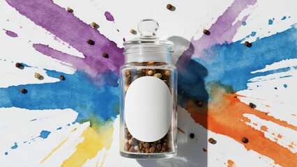 A glass spice jar sits atop a vividly painted backdrop of purple, blue, orange, and yellow—blending creativity and the colorful artistry of culinary inspiration