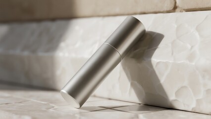 A silver metal spray bottle sits on white geometric-tiled flooring—expressing minimal elegance, precision, and modern design in a clean still-life setting