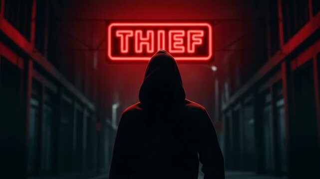 A mysterious figure cloaked in shadow stands ominously beneath a glowing neon sign reading 'THIEF', evoking feelings of suspense and intrigue in a dimly lit urban setting.