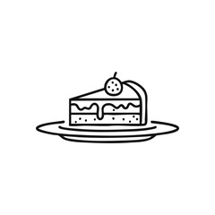 Sweet Dessert Slice Art Icon. Minimalist sketch of a scrumptious pastry piece served on a plate. This delightful graphic conveys indulgence, comfort, and happiness.