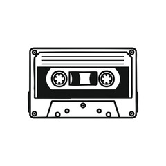 Retro Audio Cassette Tape Icon. A timeless monochrome graphic of a compact magnetic recording device. Evokes warm feelings of past eras, music, and analog sound.