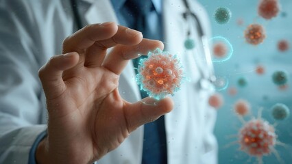 A hand holds a detailed 3D virus model with spikes, surrounded by similar virus figures in the background—suggesting scientific inquiry into infectious disease and microscopic biology