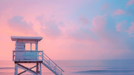 Minimal lifeguard tower overlooking a tranquil ocean during pastel sunset on an empty beach
