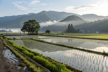 Obraz premium Reflections shimmer across flooded rice paddies, mirroring the distant mountains and misty sky in a tranquil rural landscape at dawn