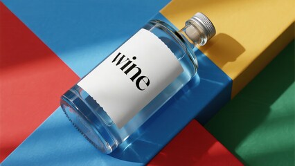 A clear wine bottle with a white label sits against a vivid background of red, blue, yellow, and green. The bold color palette accentuates the product's presence and playful presentation