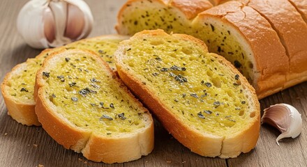 Slices of golden garlic bread with herbs are displayed next to a loaf and garlic bulb on a wooden surface