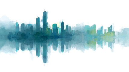 Fototapeta premium Watercolor cityscape with reflections in blue and green hues skyline buildings