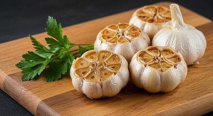 Roasted garlic bulbs and fresh parsley sprigs are arranged on a wooden cutting board