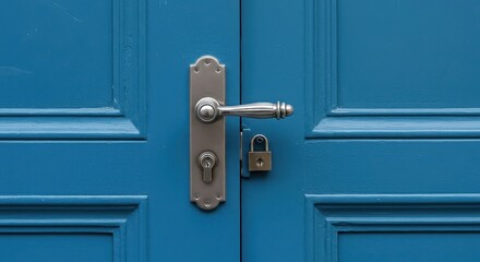 A blue wooden door is secured with a silver handle and a small brass padlock