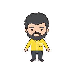 Cartoon Man Character Graphic. Friendly male illustration featuring curly hair and beard, wearing a vibrant yellow shirt on black background, perfect for profiles.