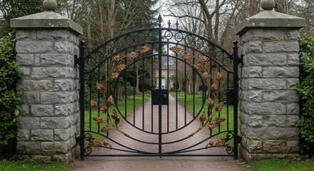 An ornate wrought iron gate with stone pillars welcomes visitors to a lush garden and estate