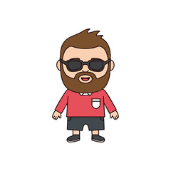 Cool Bearded Cartoon Character. Friendly male graphic in dark glasses and a vivid shirt. This smiling illustration symbolizes a contemporary, approachable, and relaxed spirit.