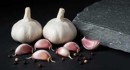 Aromatic garlic bulbs and cloves are arranged with peppercorns on a dark slate surface, creating a culinary still life