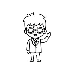 Welcoming Business Character Waving. An endearing graphic portrays a cheerful individual in professional attire and eyewear, offering a pleasant salutation. It conveys approachability and smart.