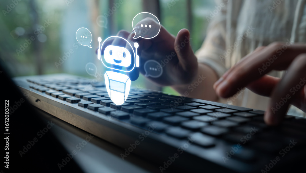 Poster ai chatbot virtual assistant interacting with users through ai conversation bubbles, symbolizing ai 