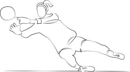 One continuous line drawing on white isolated background. Minimalism linear illustration. sport, football, soccer, competition, woman, female, goalkeeper, goal, goalie