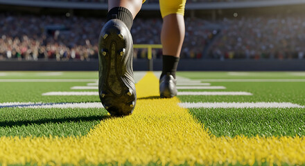American football player stepping onto the field with stadium crowd in the background ready for game action