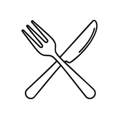 Crossed Dining Utensils Symbol. Elegant flat design of an eating fork and a culinary blade intersecting. This stark graphic signifies meals, food service, and hospitality.