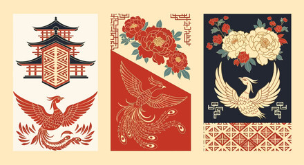 Japanese-style art prints featuring phoenix birds, pagodas, and peonies. © Ikhbal