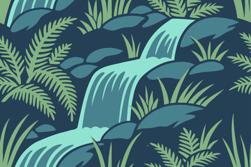 Waterfall with foliage and rocks nature green