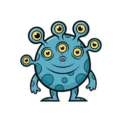 Cute Blue Eyeball Monster. Image shows a jovial, multi-eyed aqua creature with polka dots. This playful extraterrestrial character embodies wonder and friendly curiosity. Ideal for children's designs.