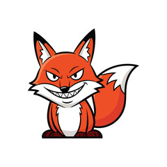 Mischievous Cartoon Fox. A vibrant orange character with a sly, knowing grin and sharp fangs embodies cleverness. This shrewd animal illustration is perfect for playful themes.
