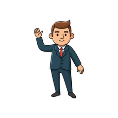 Friendly Businessman Waving. This affable animated character, dressed in smart business wear, offers a warm salutation. Symbolizes readiness, communication, and openness.