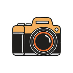Classic Photography Camera Icon. Stylized illustration of an old-fashioned photo apparatus, featuring warm orange and dark tones. Perfect for designs symbolizing media, capture, or memory.