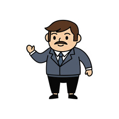 Friendly Waving Businessman Cartoon. A welcoming male professional character with a mustache, dressed in a smart suit, extending a friendly greeting gesture, symbolizing approachability.
