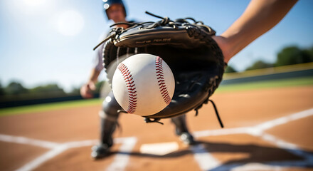 Close-up of baseball player's glove catching a ball during a game on a sunny day