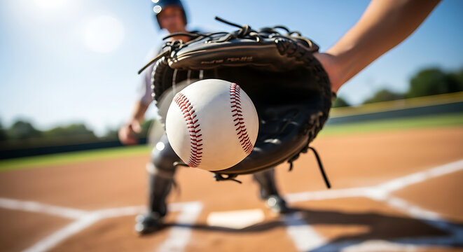 Close-up of baseball player's glove catching a ball during a game on a sunny day - Powered by Adobe