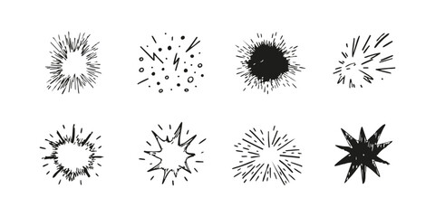 Hand-Drawn Comic Explosion Elements Set. Dynamic Energy Burst Collection. Isolated Vector Illustration