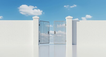 A metal gate stands open in a white wall under a blue sky with fluffy clouds, inviting passage and symbolizing opportunity