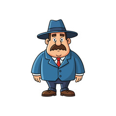 Cartoon Gentleman with Fedora Hat. Vector artwork of a classic character wearing a blue suit and a distinctive hat. This friendly illustration evokes a sense of vintage charm and lighthearted mystery.