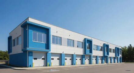 A modern commercial building with blue accents stands tall under a clear blue sky, offering ample storage and business opportunities