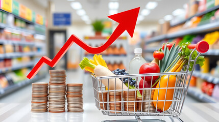 Red arrow growth chart and stack coins with food, drinks, vegetables, fruits in supermarket trolley. Rising cost of living, food price increase, inflation crisis, war effect to global economic concept