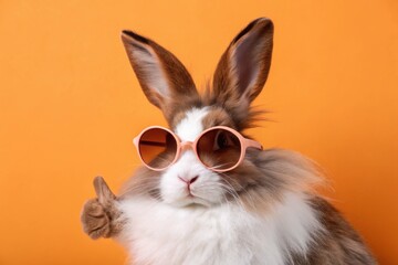 A cute rabbit wearing sunglasses gives a thumbs up against an orange background