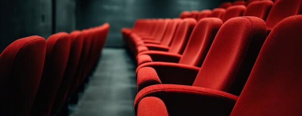 Row of Red Theater Chairs in a Movie Hall — Comfortable Velvet Cinema Seating Highlighted by Contrast and Perspective in a Dark Auditorium