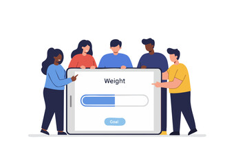 Diverse team collaborates around a tablet displaying a weight goal progress bar. Modern, flat design illustration. Ideal for health, wellness, and team motivation concepts.