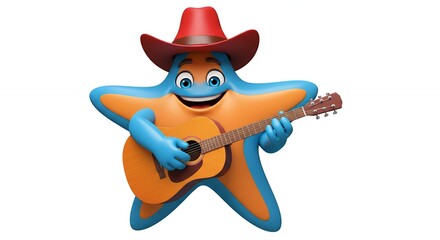 Starfish cowboy playing guitar cartoon illustration