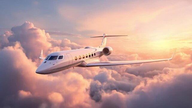 Private jet above sunset clouds