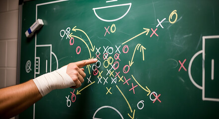 American football coach drawing offensive strategy on chalkboard with player hand pointing out play design