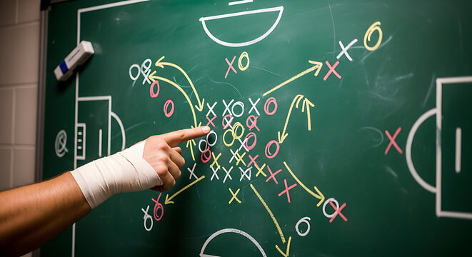 American football coach drawing offensive strategy on chalkboard with player hand pointing out play design